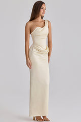 Caprice Lemon One Shoulder Satin Maxi Dress