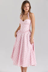 Georgie Pink Rose Print Stretch Cotton Halter Neck Midi Dress