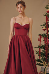 Mademoiselle Wine Satin Tulle Midi Dress