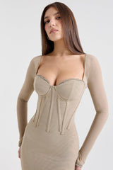 Saisha Beige Mesh Long Sleeve Bodycon Midi Dress