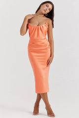 Alora Tangerine Strapless Corset Midi Dress