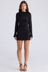 Mariska Black Satin Long Sleeve Backless Mini Dress