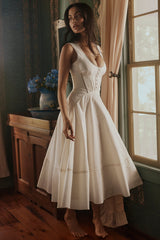 Solana White Cotton Waist Cinch Midi Sundress