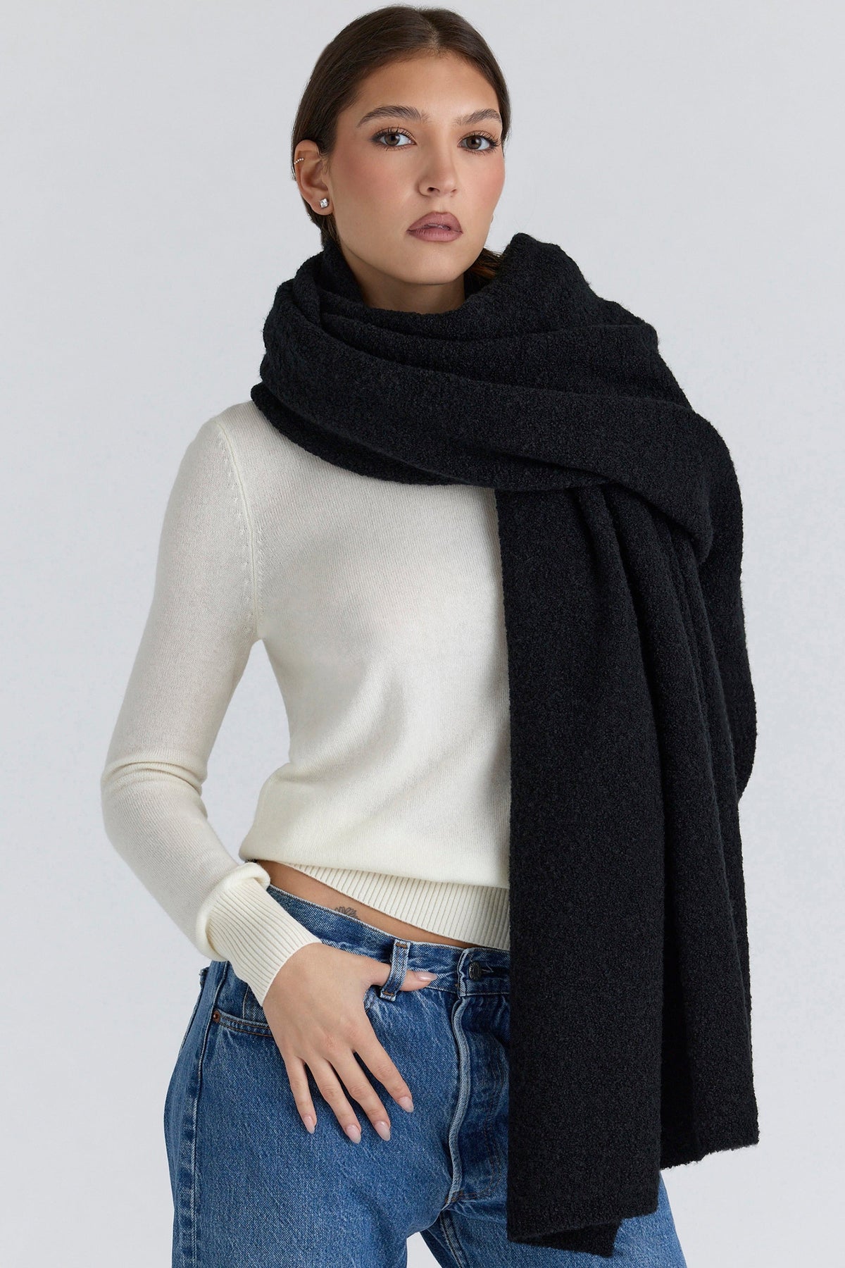 Nara Black Wool Oversized Textured Scarf