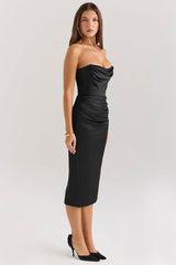 Santana Black Satin Strapless Midi Dress