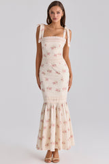 Alessina Ivory Vintage Rose Print Cotton + Lace Maxi Dress