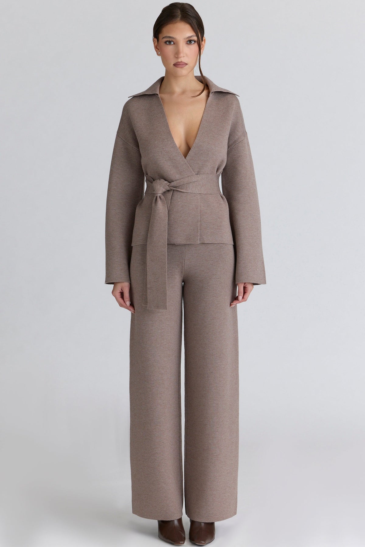 Avery Taupe Wool Wide Leg Trousers